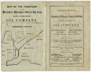 Prospectus [for the Munchausen, Philospher’s Stone & Gull Creek Grand Consolidated Oil Company]. [Pittsburgh?, ca. 1865].